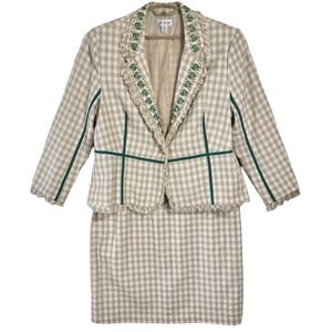 Vintage Plaid Tweed Skirt Suit Plus Size‎ 24 22 Embroidered Fringe Boho Chic Y2K